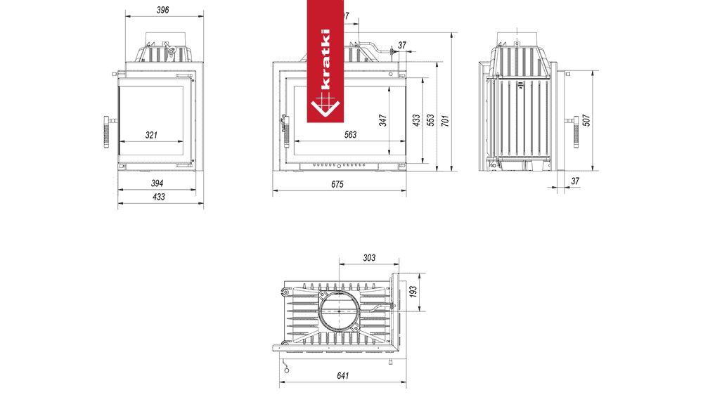 Kratki Kamineinsatz Gusseisen KRATKI SIMPLE rechts 8 kW Ø 200 Set