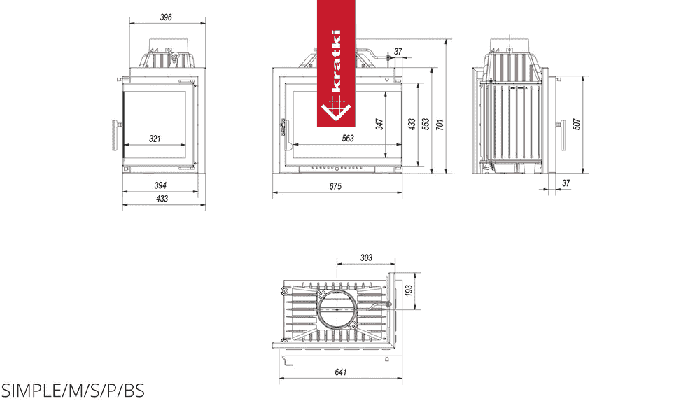 Kratki Kamineinsatz Gusseisen KRATKI SIMPLE rechts 8 kW Ø 200 Einbausatz 2