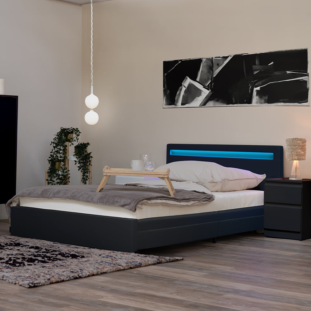 Home Deluxe LED Bett mit Schubladen und Matratze NUBE - 180 x 200 cm Dunkelgrau
