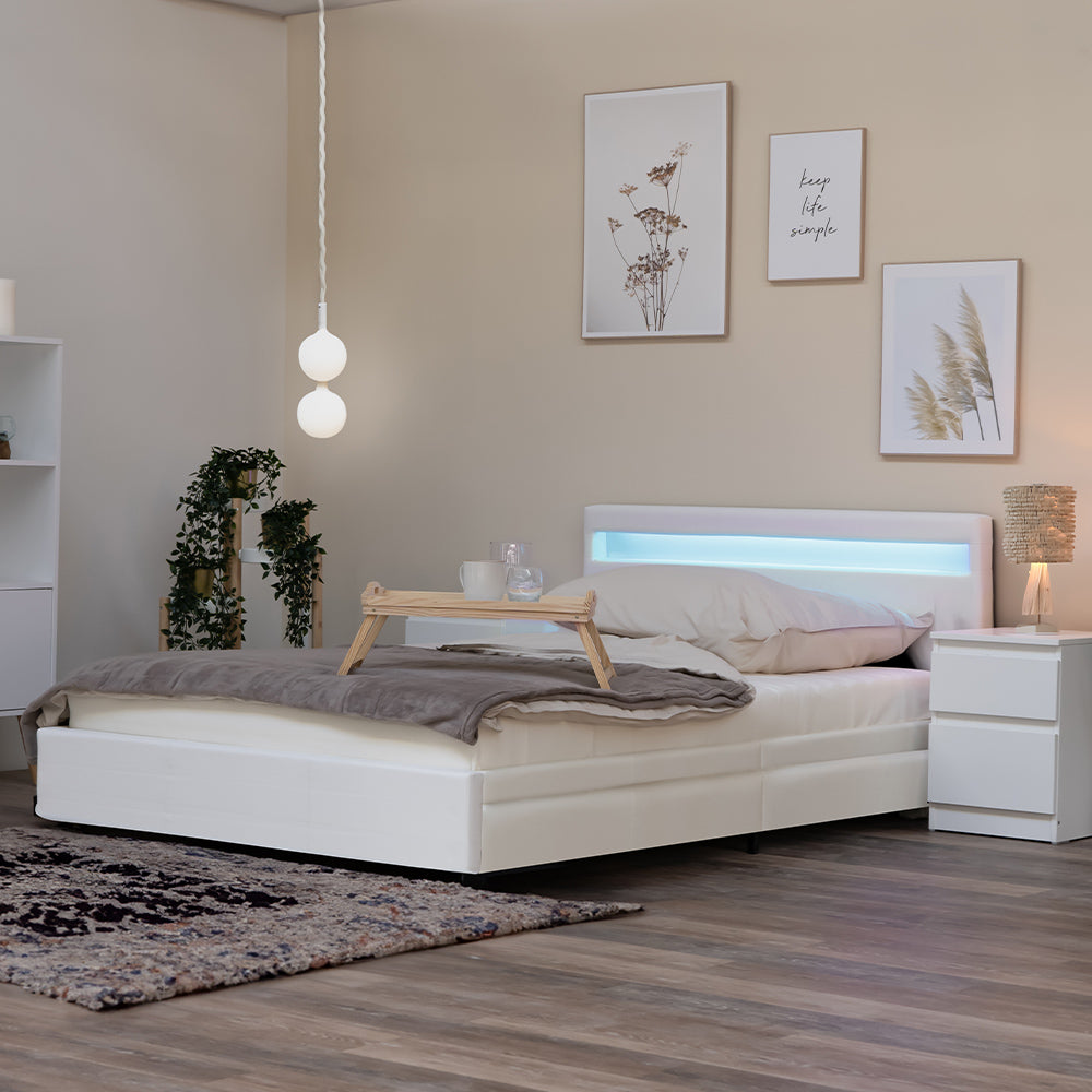 Home Deluxe LED Bett mit Schubladen und Matratze NUBE - 140 x 200 cm Weiß