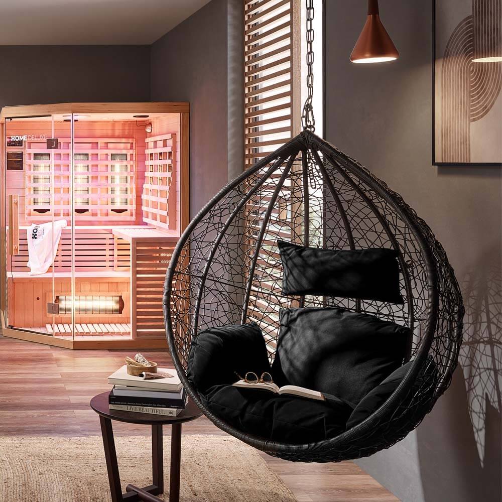 Home Deluxe Polyrattan Hängesessel mit Regenabdeckung CIELO - Schwarz