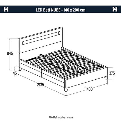 Home Deluxe LED Bett mit Schubladen und Matratze NUBE - 140 x 200 cm Dunkelgrau