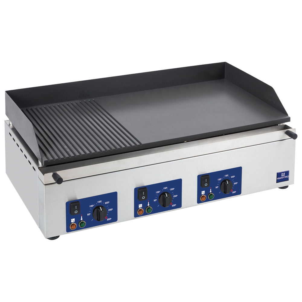Virtus Elektro-Grillplatte mit 3 Grillzones, Tischmodell, 2/3 glatte und 1/3 gerillte Platte