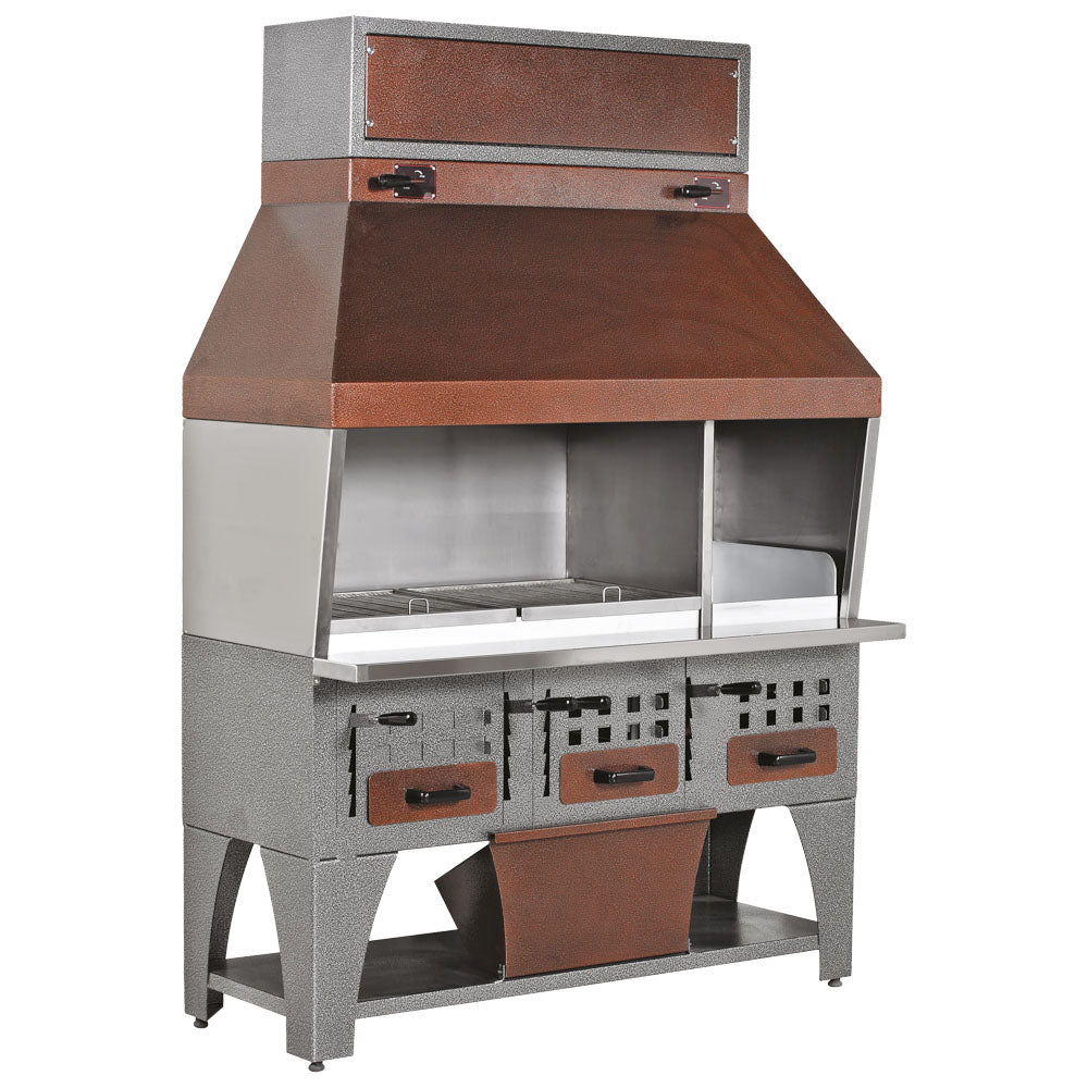Virtus Holzkohlegrill auf Unterschrank mit Ascheschubladen und Abzugshaube, 3 Grillzonen gesamt 1530x530 mm