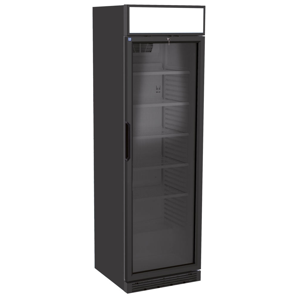 Virtus Getränkekühlvitrine 373 Liter mit Glastür und Werbedisplay, 5 Roste, +1°/+9°C - Farbe schwarz