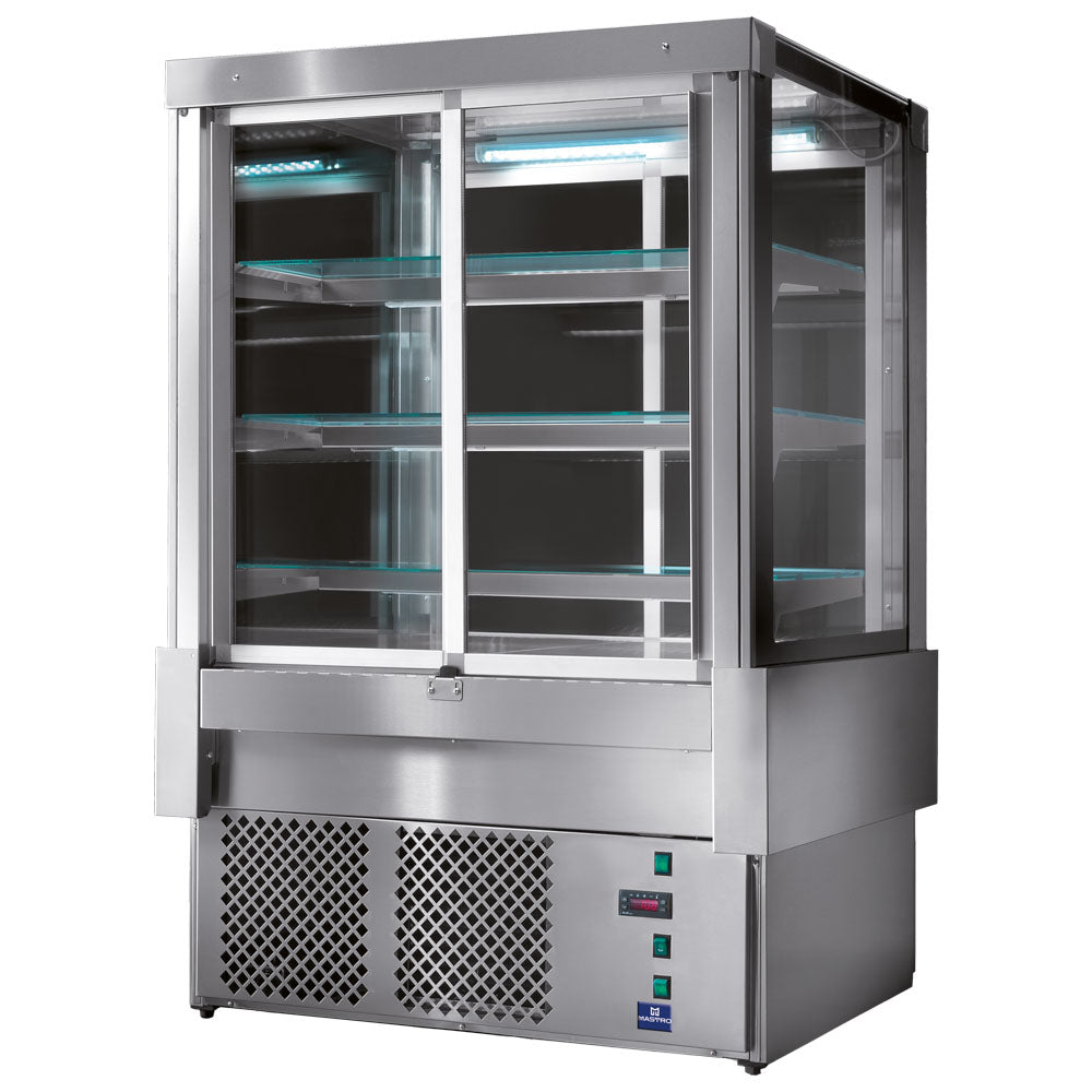 Virtus Kühltheke mit 4 Schiebetüren und 3 Regalböden, Umluft, +2°/+8°C, B=1222 mm - RAL9005
