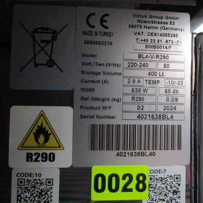 Virtus Tiefkühlschrank 400 Liter aus Edelstahl, 460x485 mm, -10°/-18°C - BESCHÄDIGT