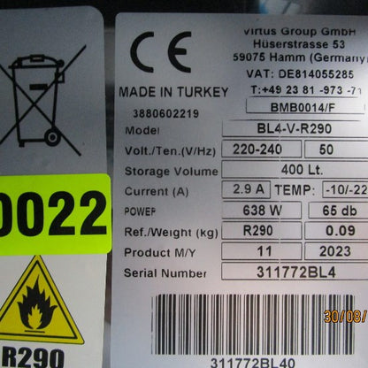 Virtus Tiefkühlschrank 400 Liter aus Edelstahl, 460x485 mm, -10°/-18°C - BESCHÄDIGT
