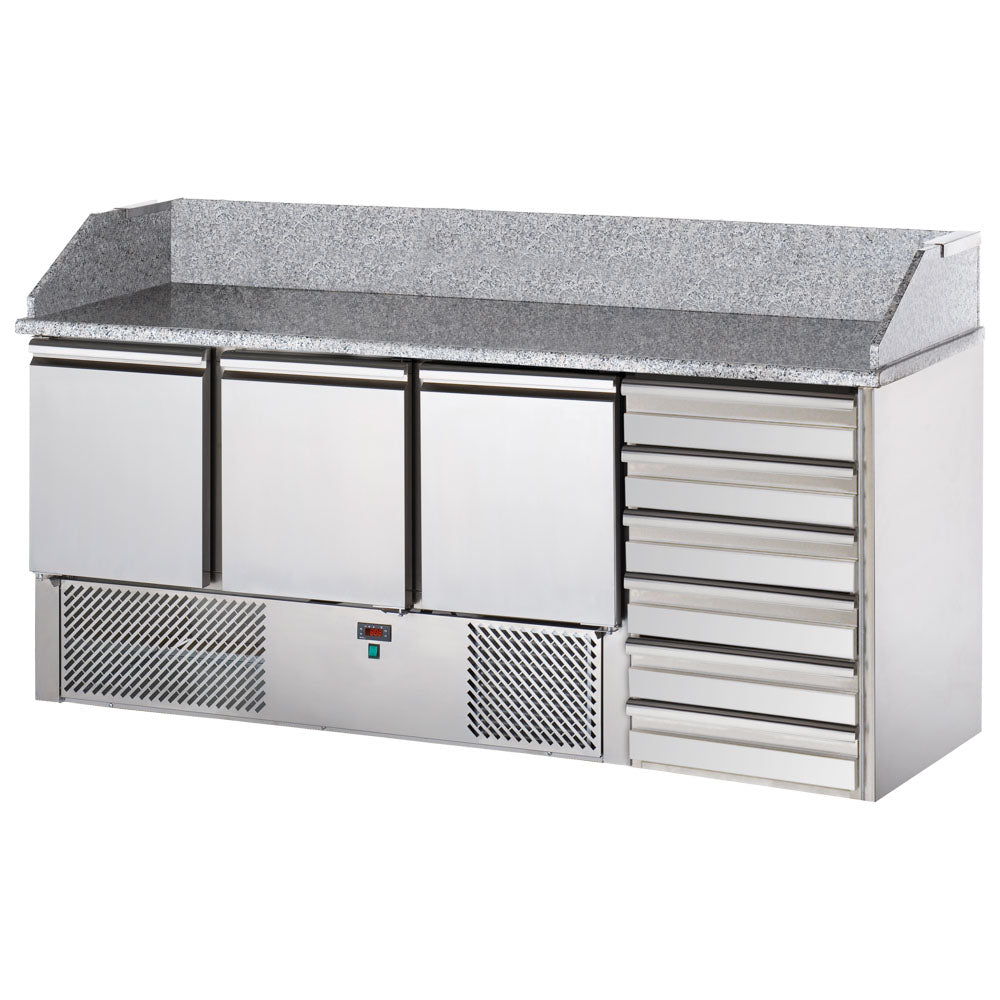 Virtus Pizzatisch mit 3 Türen GN 1/1 und 6 neutrale Schubladen 600x400 mm