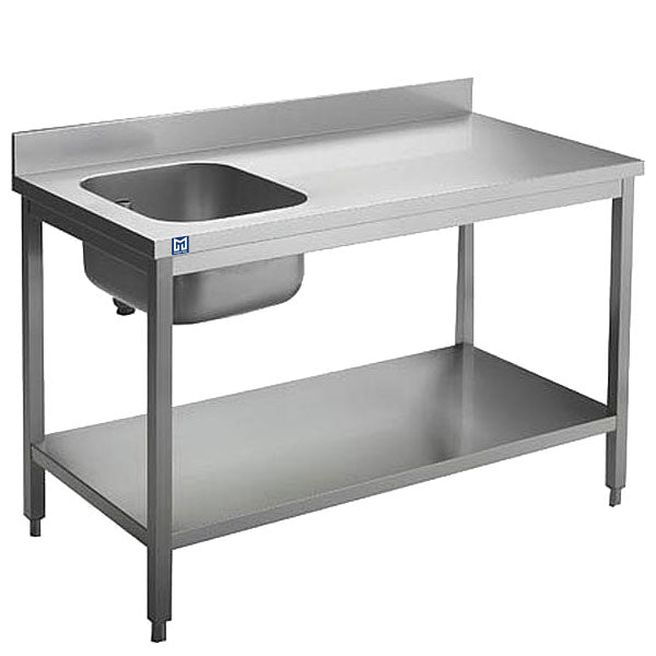 Virtus Arbeitstisch mit Becken links, mit Zwischenboden und Aufkantung, 1500x700 mm