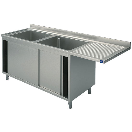 Virtus Spülschrank mit Schiebetüren für Einbau-Geschirrspüler, 2 Becken links, 1600x700 mm