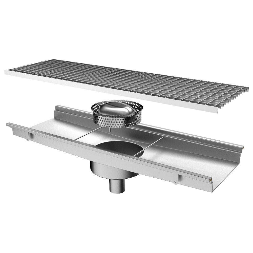 Virtus Bodenablaufrinne mit vertikalem Auslauf ø 63 mm und rundem Sieb, 1050x300x150 mm