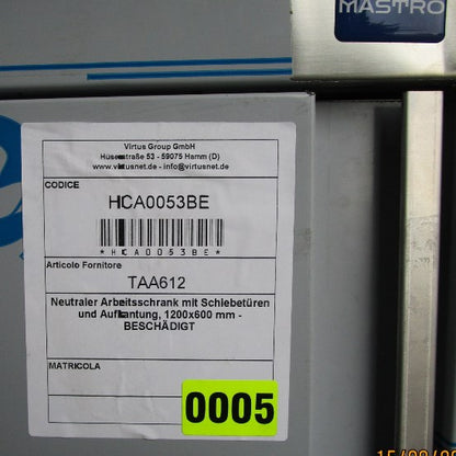 Virtus Neutraler Arbeitsschrank mit Schiebetüren und Aufkantung, 1200x600 mm - BESCHÄDIGT