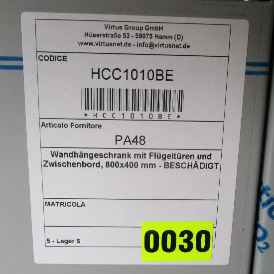 Virtus Wandhängeschrank mit Flügeltüren und Zwischenbord, 800x400 mm - BESCHÄDIGT