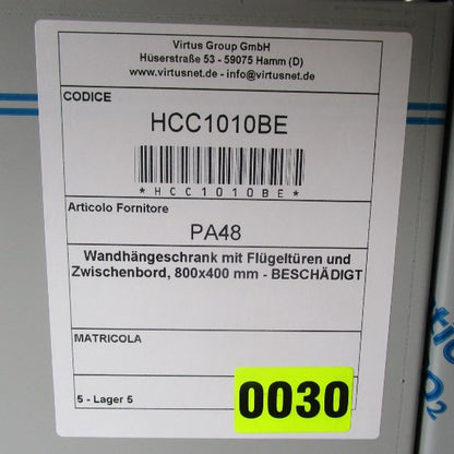 Virtus Wandhängeschrank mit Flügeltüren und Zwischenbord, 800x400 mm - BESCHÄDIGT