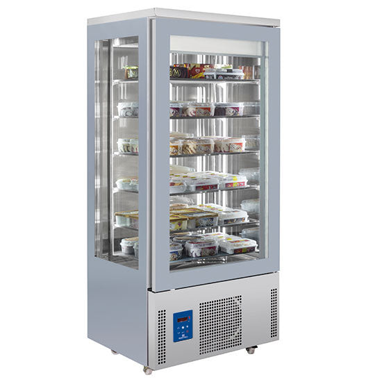 Virtus Tiefkühlvitrine 4-seitig Glas mit Umluftkühlung und 5 quadratischen Glasböden, -15°/-25°C