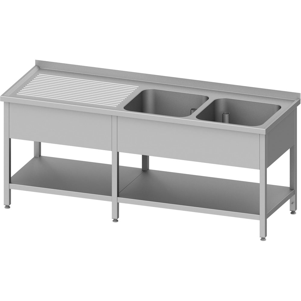 Stalgast Spültisch mit Grundboden, 2500x600x850 mm, mit zwei Becken rechts, mit Aufkantung, verschweißt