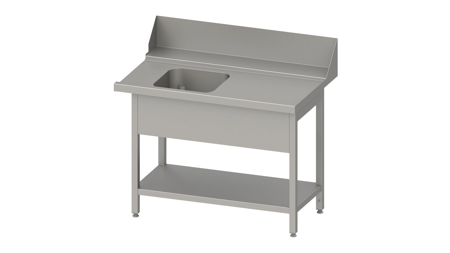 Stalgast Zulauftisch "PRO", Korbführung mit Gefälle, mit Grundboden und einem Becken 1800x750x880 mm, Anbauseite rechts, mit Aufkantung 200 mm und Beckenblende, verschweißt