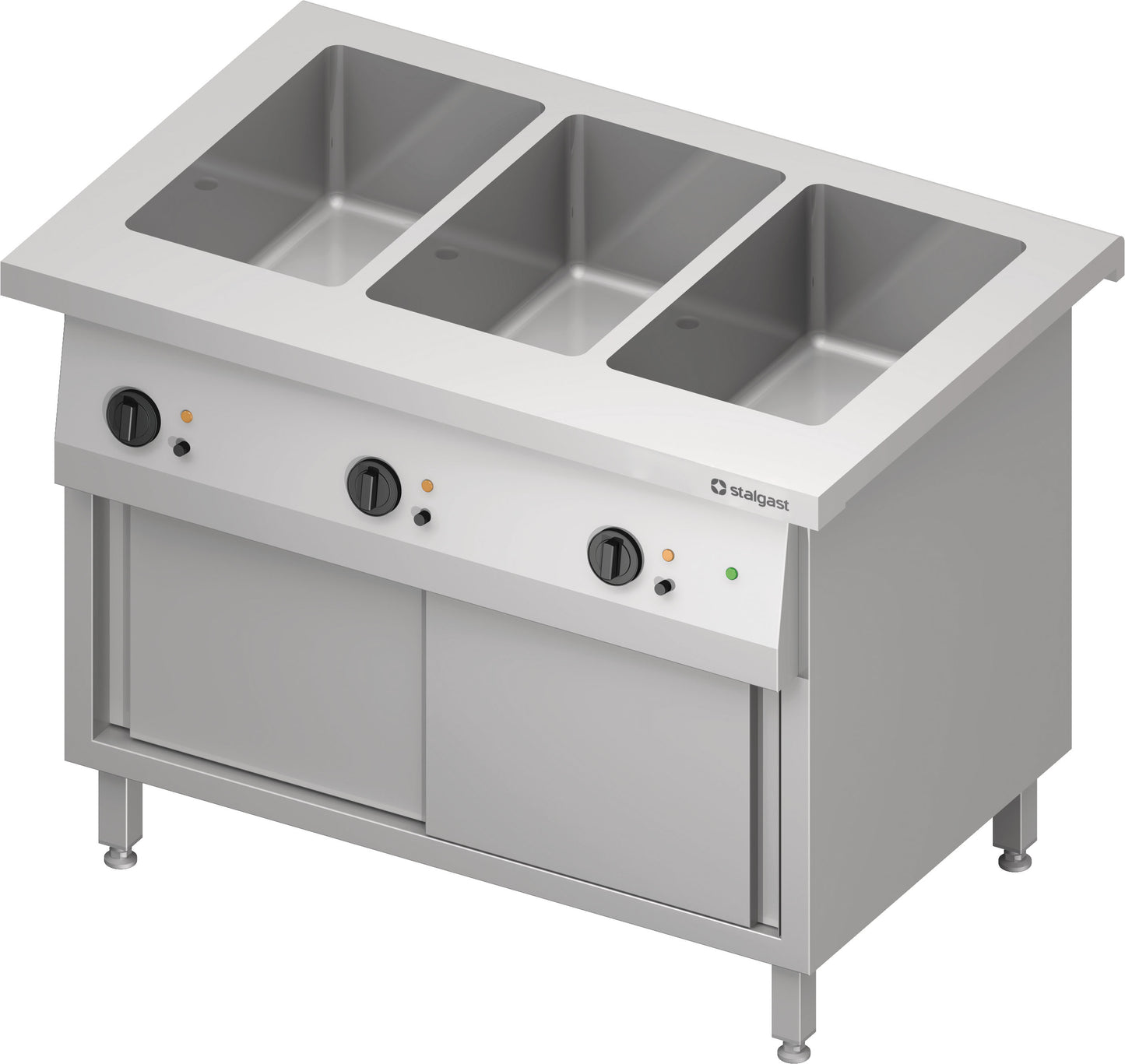 Stalgast Bain-Marie-Station "Free Flow" 3x GN1/1-Becken, mit Schiebetüren, 1132x750x880 mm Edelstahlabdeckung
