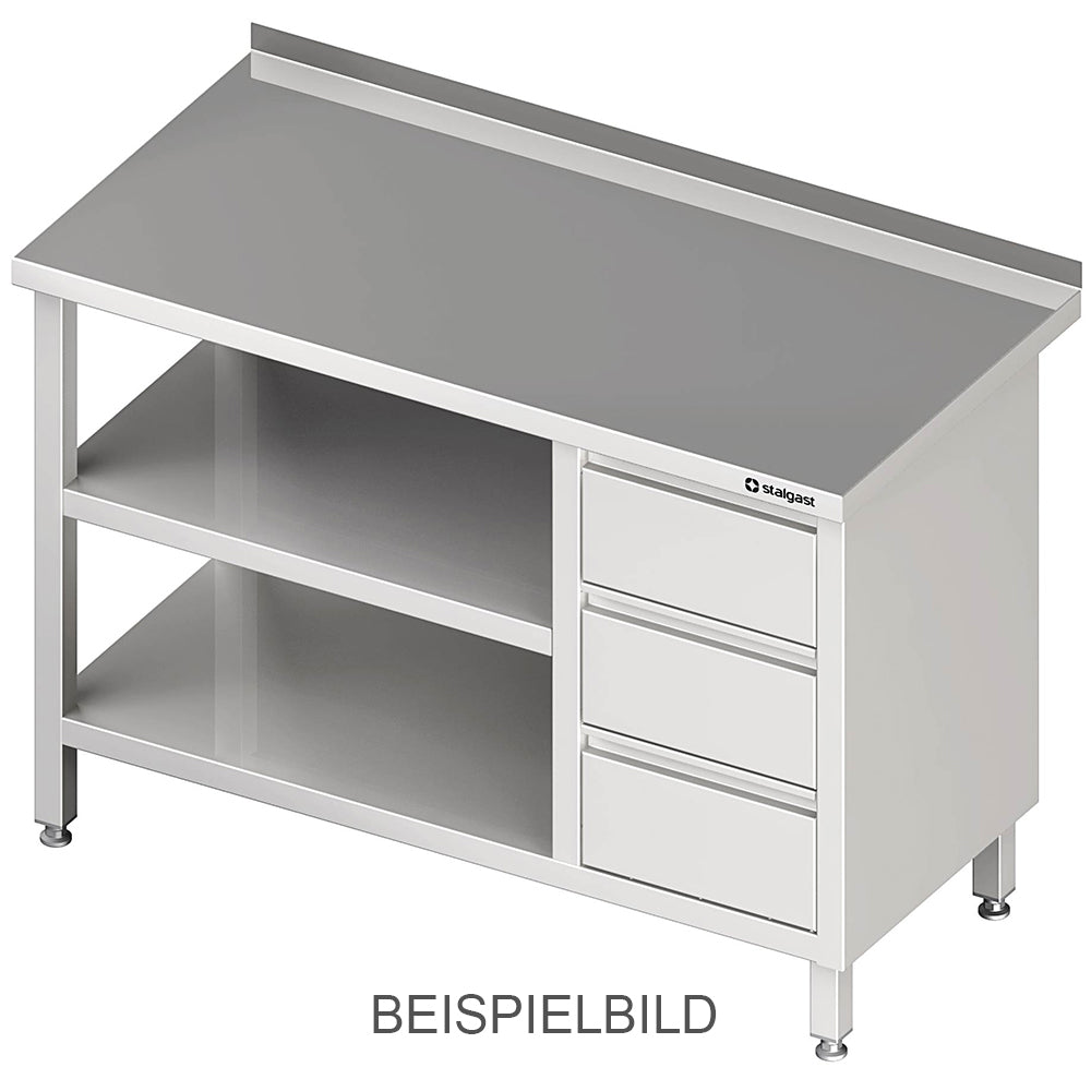 Stalgast Arbeitstisch mit Grund- und Zwischenboden, 2700x600x850 mm, mit 3er Schubladenblock links, ohne Aufkantung, verschweißt