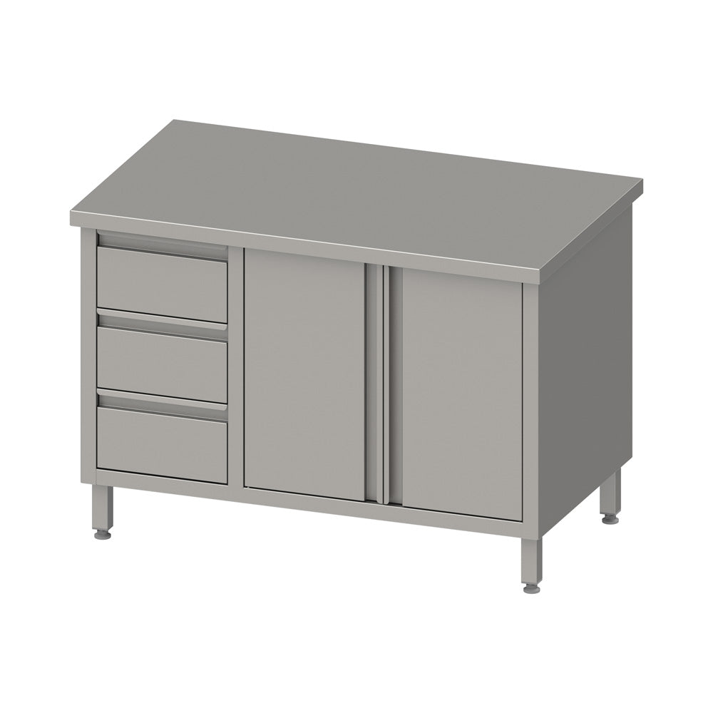 Stalgast Arbeitsschrank mit Flügeltüren, 1100x600x850 mm, mit 3er Schubladenblock links, ohne Aufkantung, verschweißt