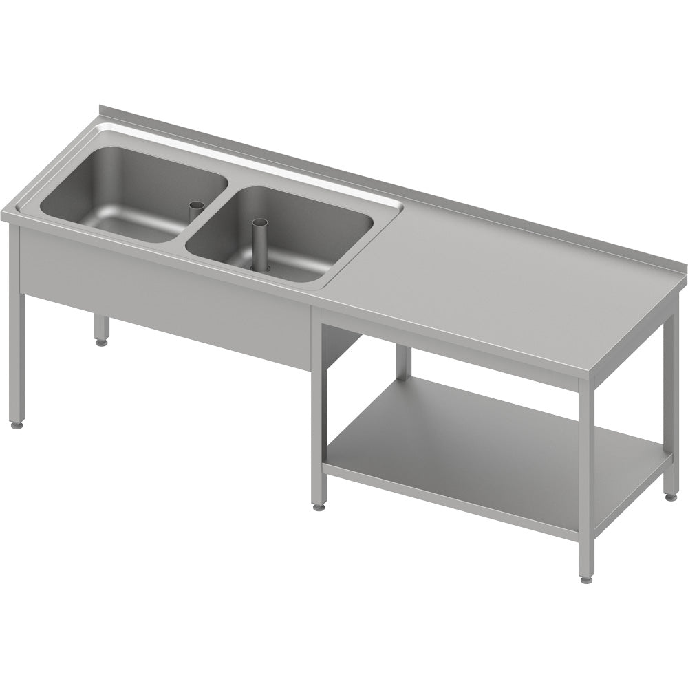 Stalgast Cheftisch mit Grundboden unter der Arbeitsfläche, mit zwei Becken links 2500x700x850 mm, mit Aufkantung, verschweißt