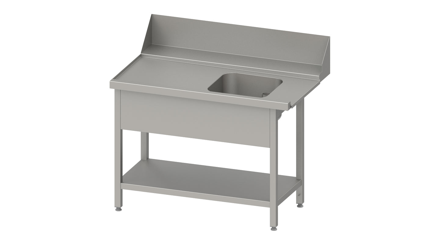 Stalgast Zulauftisch "PRO", Korbführung mit Gefälle, mit Grundboden, mit einem Becken, 800x750x880 mm, Anbauseite links, mit Aufkantung 200 mm und Beckenblende, verschweißt