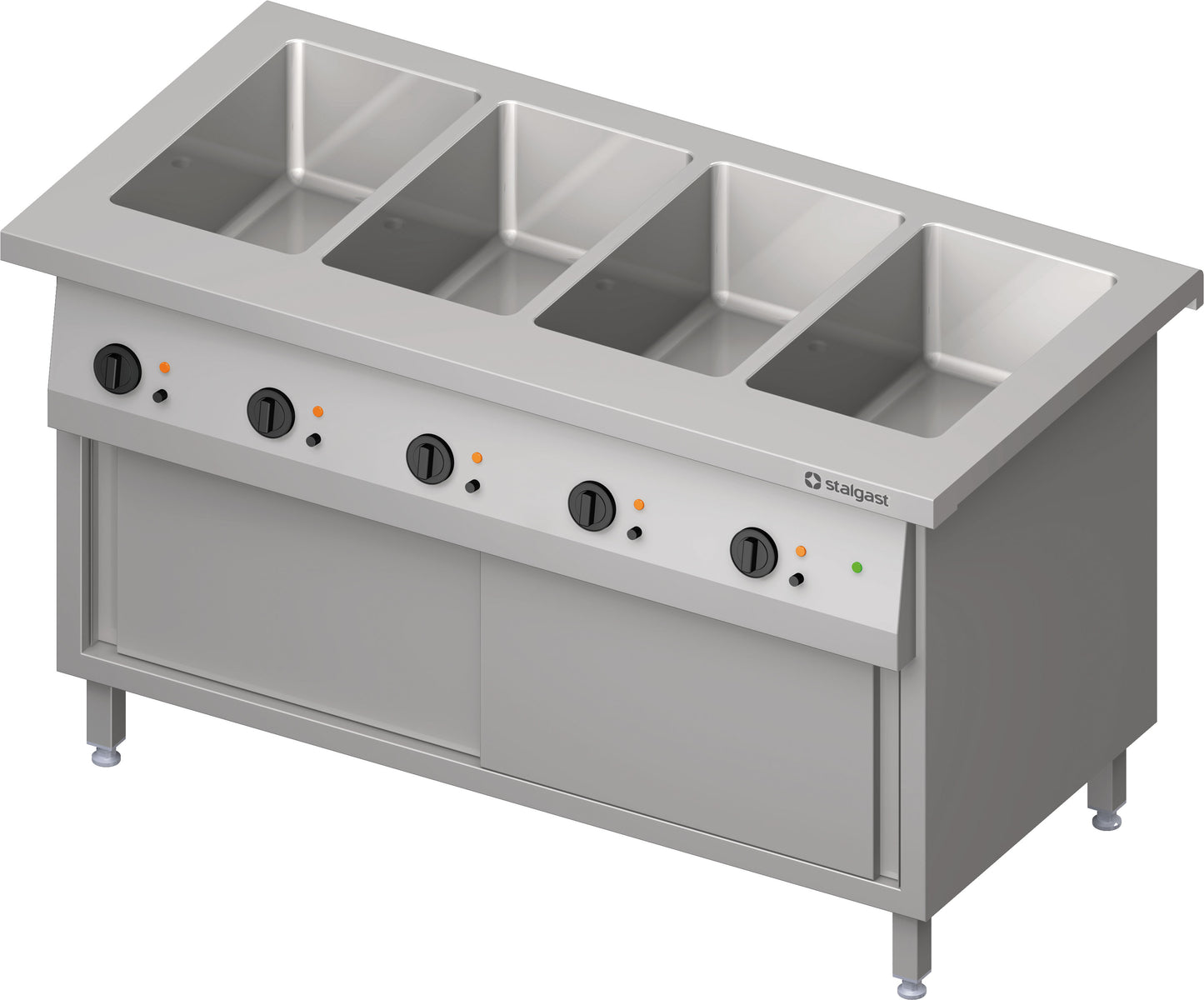 Stalgast Bain-Marie-Station "Free Flow" 4x GN1/1-Becken, mit Wärmeschrank und Schiebetüren, 1465x750x880 mm Edelstahlabdeckung
