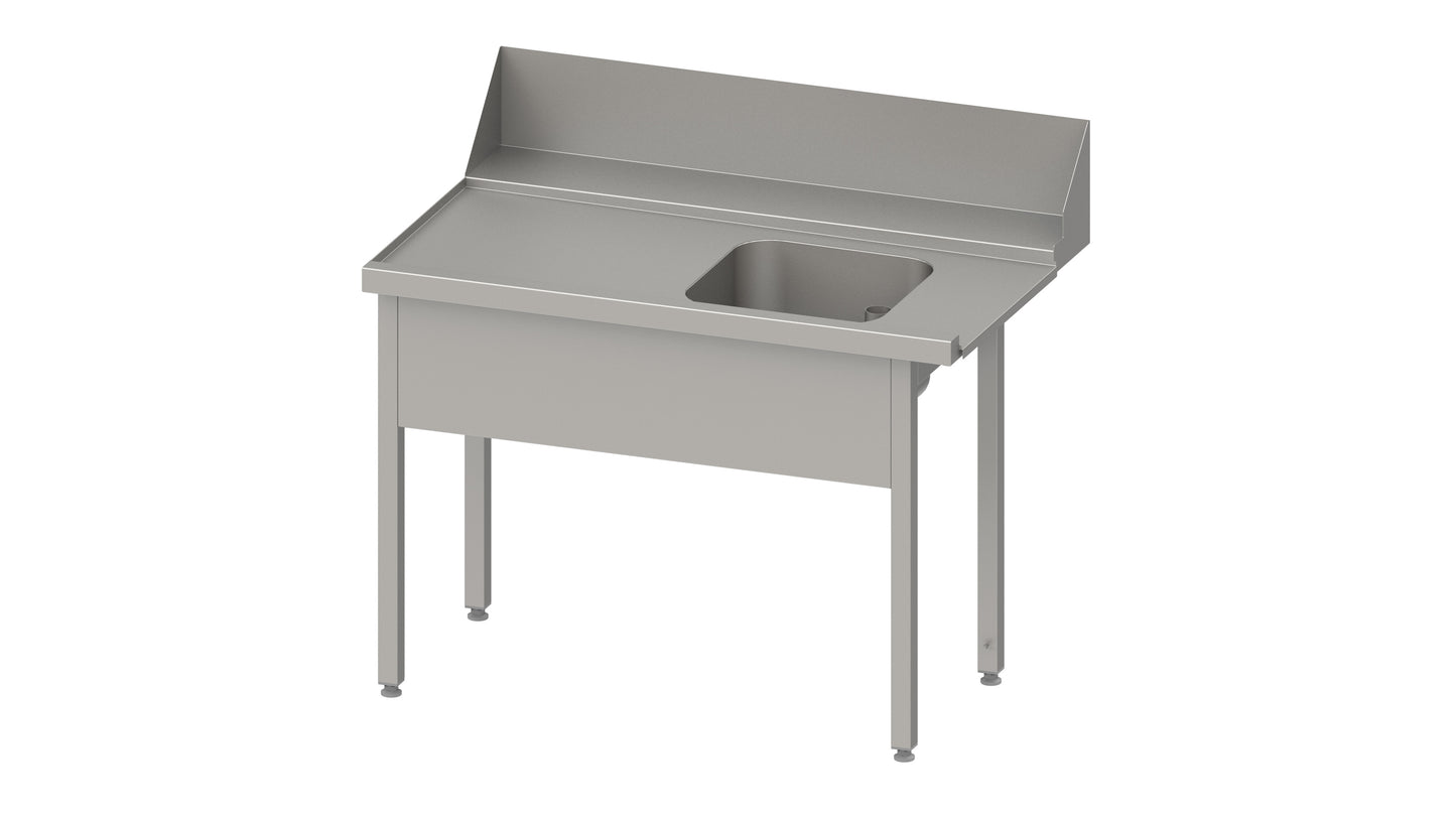 Stalgast Zulauftisch "Pro", Korbführung mit Gefälle, ohne Grundboden mit einem Becken 1500x750x880 mm, Anbauseite links, mit Aufkantung 200 mm und Beckenblende, verschweißt