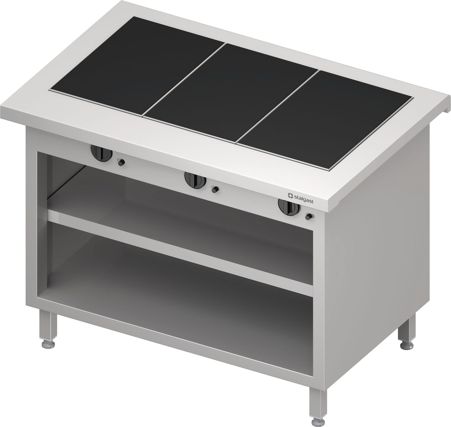 Stalgast Warmausgabe "Free Flow" mit 3 Wärmeplatten aus Glaskeramik und offenem Unterschrank 1132x750x880 mm, Edelstahlabdeckung