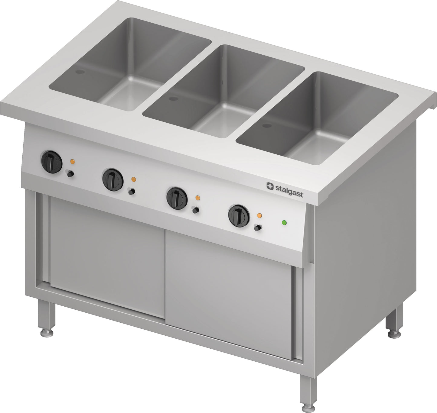 Stalgast Bain-Marie-Station "Free Flow" 3x GN1/1-Becken, mit Wärmeschrank und Schiebetüren, 1132x750x880 mm Edelstahlabdeckung