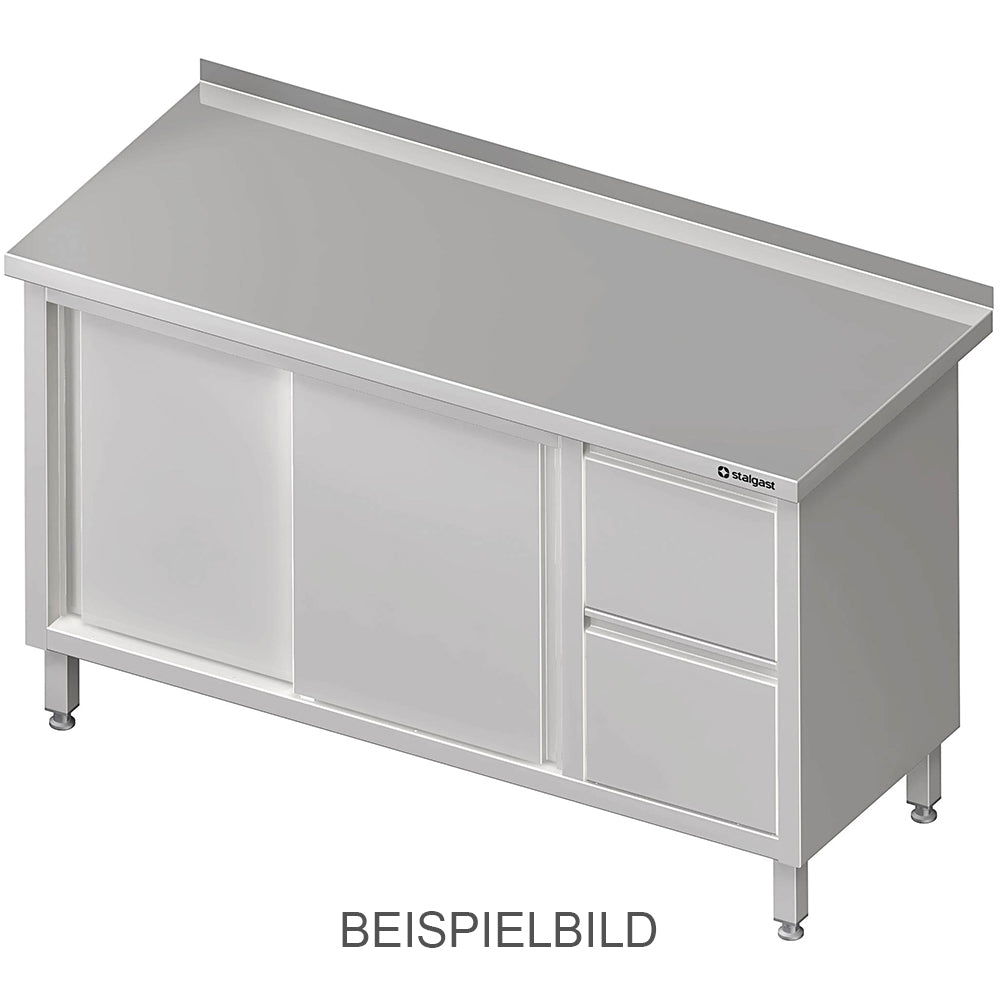 Stalgast Arbeitsschrank mit Schiebetüren, 1200x700x850 mm, mit 2er Schubladenblock links, mit Aufkantung, verschweißt
