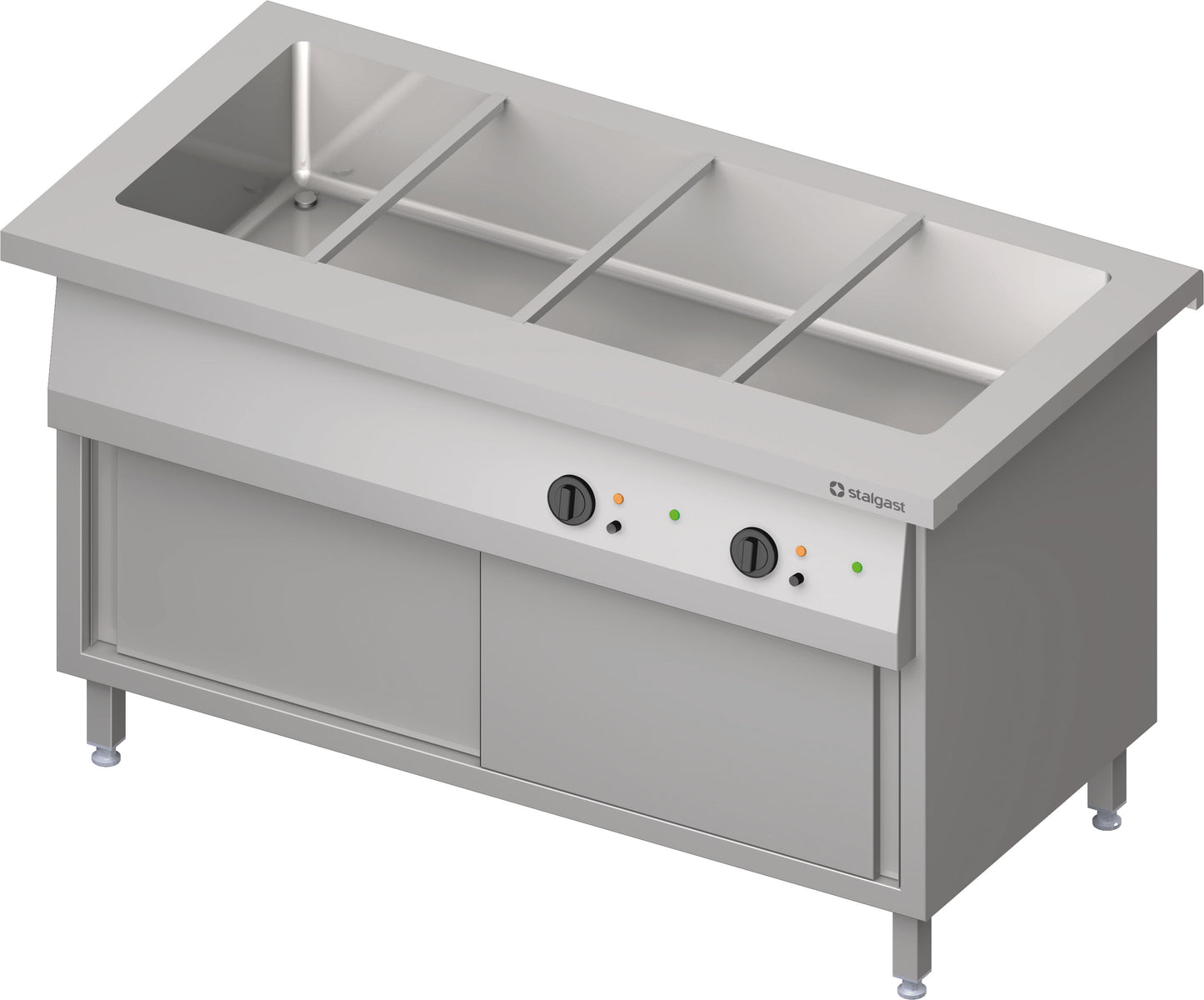 Stalgast Bain-Marie-Station "Free Flow" mit einem Becken 4x GN1/1, Wärmeschrank und Schiebetüren, 1465x750x880 mm Edelstahlabdeckung