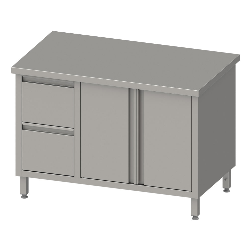 Stalgast Arbeitsschrank mit Flügeltüren, 1700x700x850 mm, mit 2er Schubladenblock links, ohne Aufkantung, verschweißt