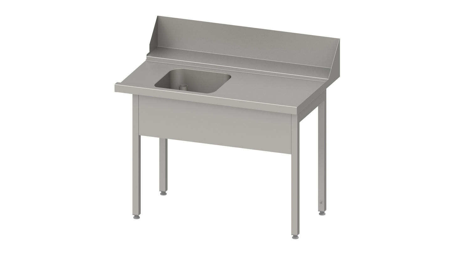 Stalgast Zulauftisch "PRO", Korbführung mit Gefälle, ohne Grundboden, mit einem Becken, 1000x750x880 mm, Anbauseite rechts, mit Aufkantung 200 mm und Beckenblende, verschweißt