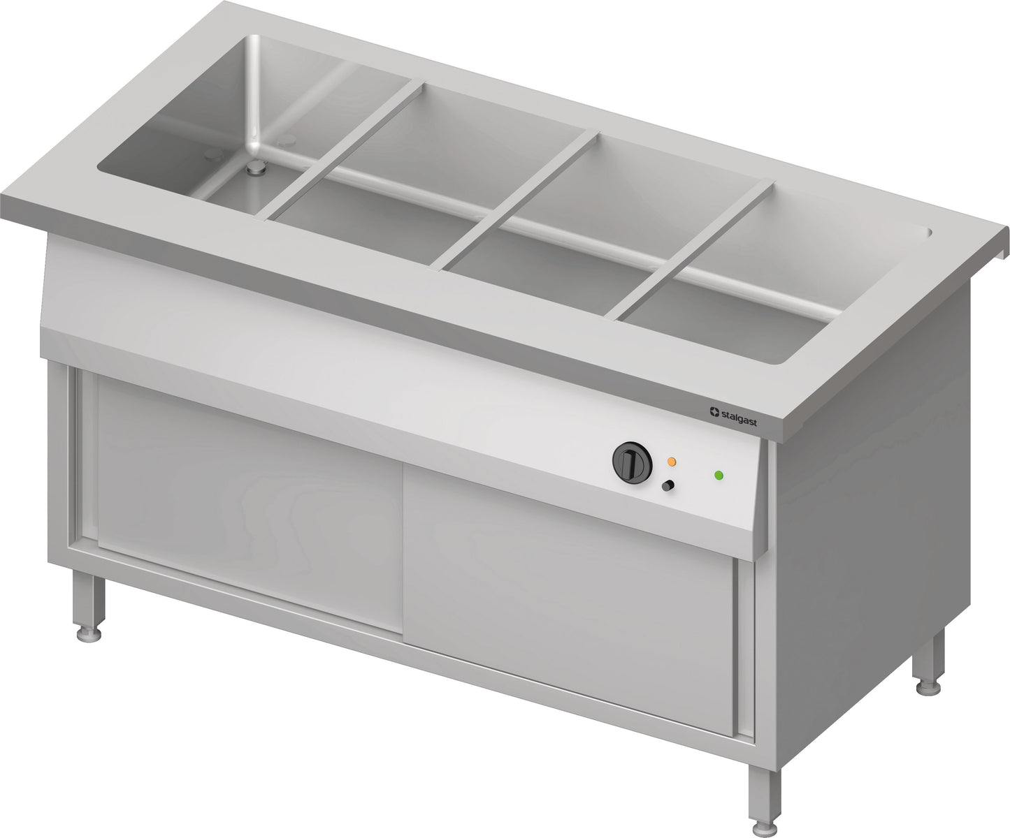 Stalgast Bain-Marie-Station "Free Flow" mit einem Becken 4x GN1/1 und Schiebetüren, 1465x750x880 mm Edelstahlabdeckung
