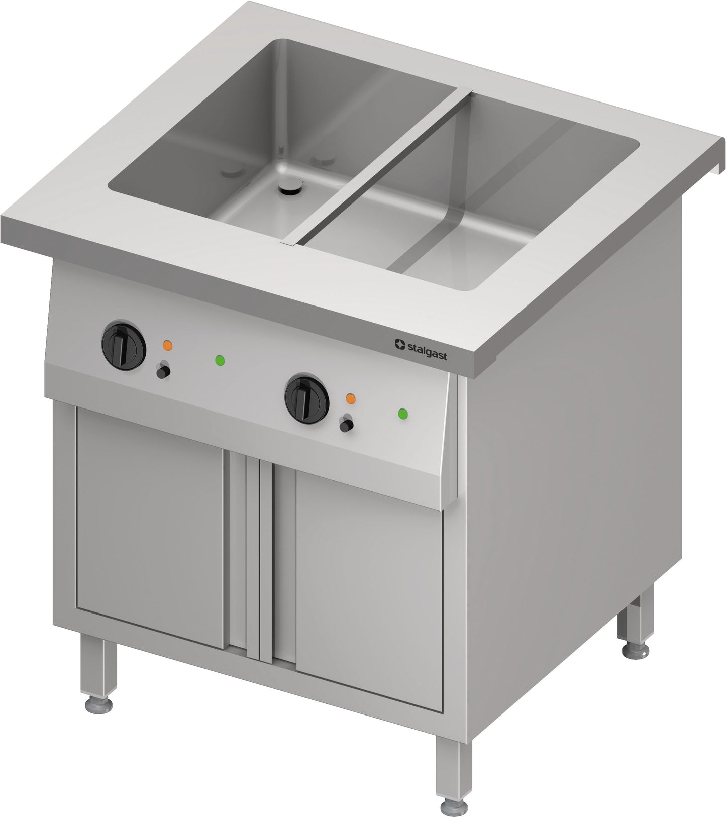 Stalgast Bain-Marie-Station "Free Flow" mit einem Becken 2x GN1/1, Wärmeschrank und Flügeltüren, 799x750x880 mm Edelstahlabdeckung
