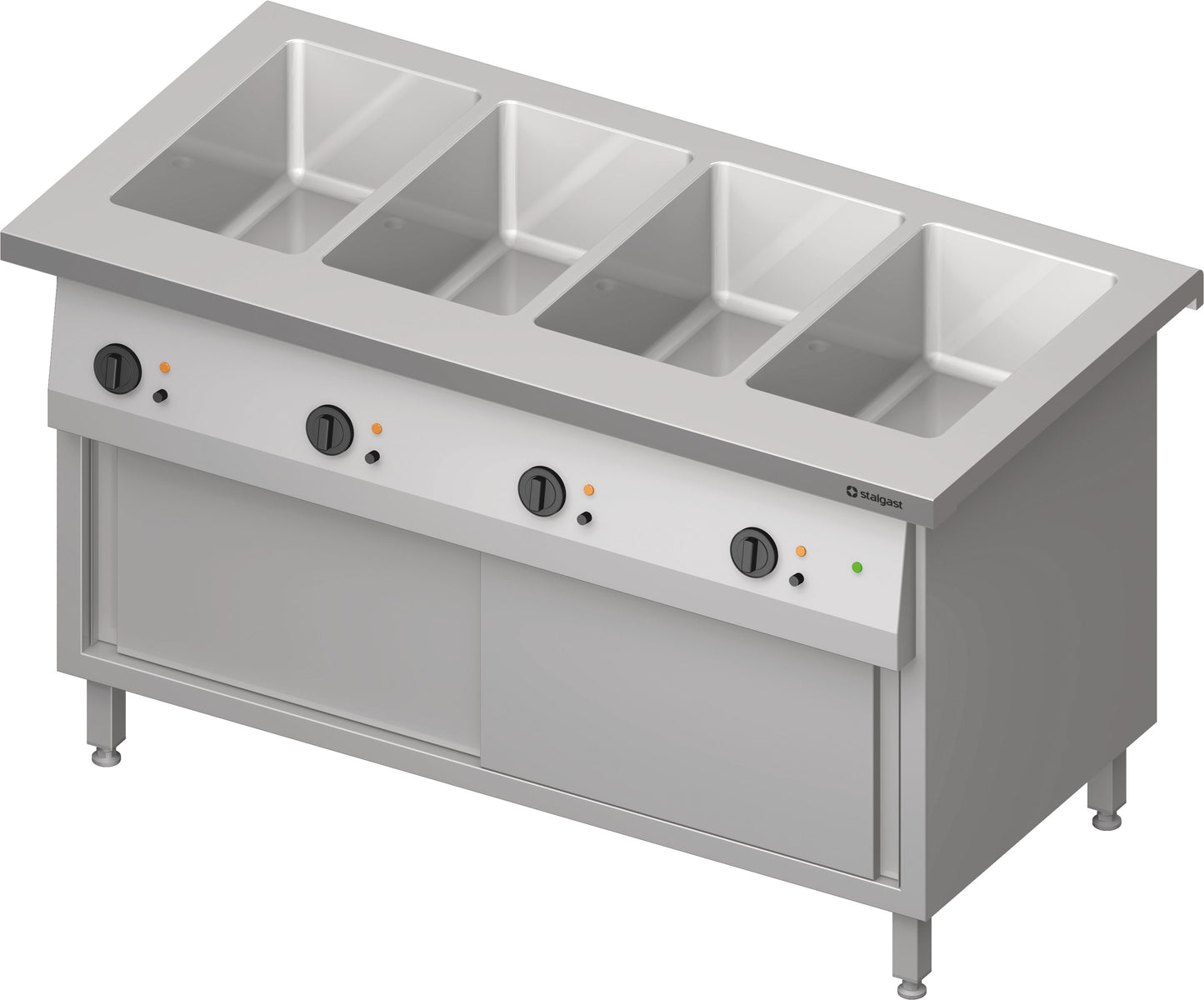 Stalgast Bain-Marie-Station "Free Flow" 4x GN1/1-Becken, mit Schiebetüren, 1465x750x880 mm Edelstahlabdeckung