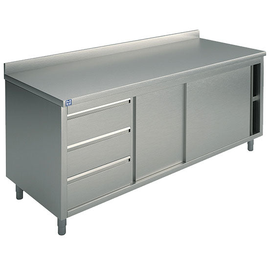 Virtus Neutraler Arbeitsschrank mit eingebauter Schubladeneinheit links, mit Schiebetüren und Aufkantung, 1800x700 mm