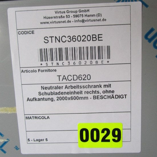 Virtus Neutraler Arbeitsschrank mit Schubladeneinheit rechts, ohne Aufkantung, 2000x600mm - BESCHÄDIGT