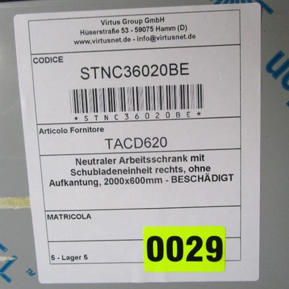 Virtus Neutraler Arbeitsschrank mit Schubladeneinheit rechts, ohne Aufkantung, 2000x600mm - BESCHÄDIGT