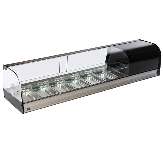 Virtus Tapaskühltheke mit gebogener Frontverglasung und 1 Glasboden, 6x GN 1/3 H=40 mm