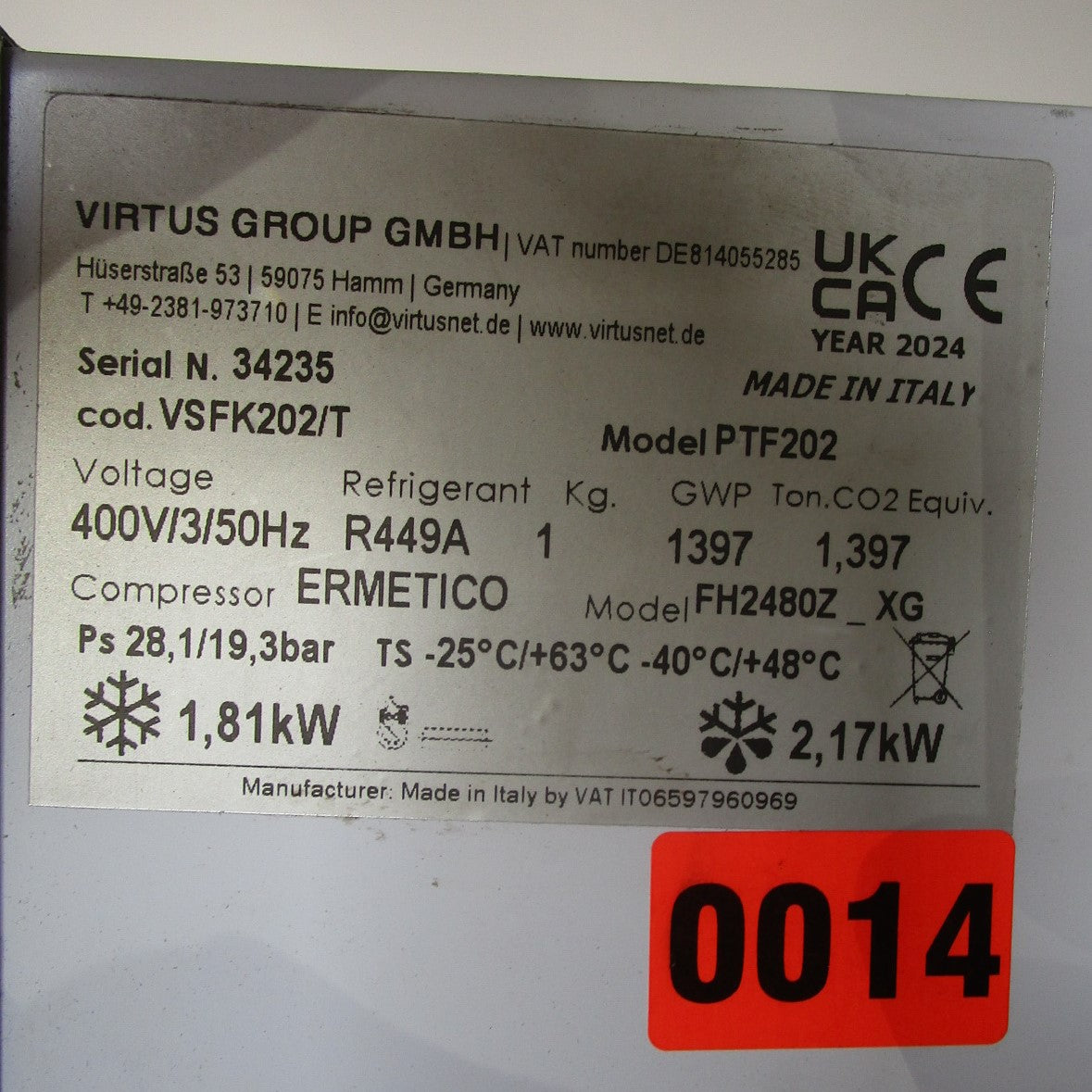 Virtus Deckenstopferaggregat, -18°/-25°C, 13,7m³/7,9m³ (+32°C) - GEBRAUCHT